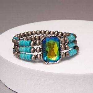 Gun Metal and Turquoise Bead Oil Slick Irridecent Rhinestone Stretchy Bracelet